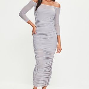 Lilac Bardot ruched mesh maxi